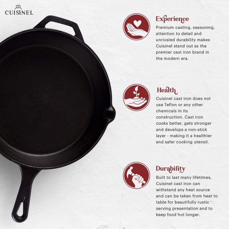 Cuisinel Cast Iron Skillet - 12"-Inch Frying Pan with Assist Handle + Red Silicone Grip Cover - Pre-Seasoned Oven Safe Cookware - Indoor/Outdoor Use - Grill, Stovetop, Induction, BBQ and Firepit Safe - Image 2